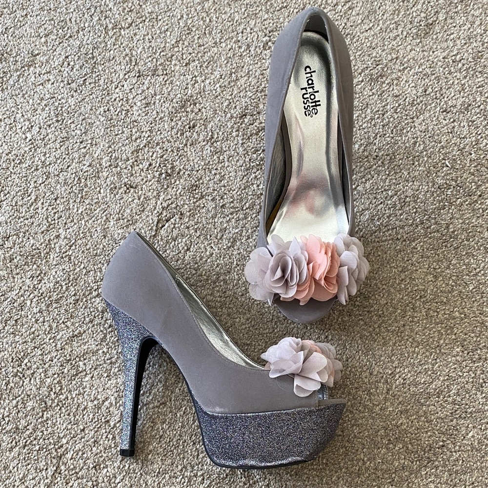 Charlotte Russe Gray and Pink Floral Peep Toe Heels